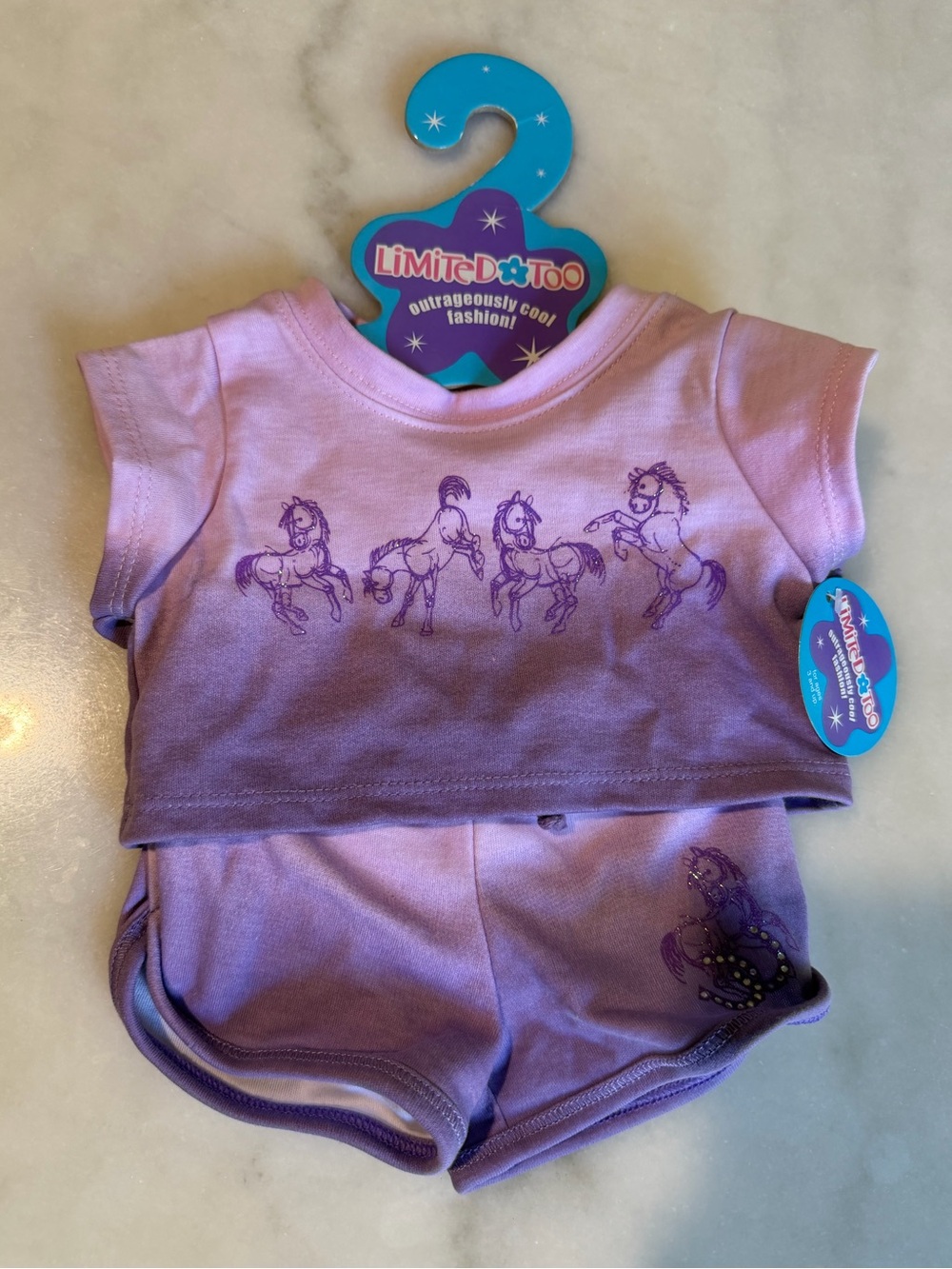 BUILD A BEAR GIRL OUTFIT - LIMITED TOO PURPLE HORSES SHORTS & TOP SET